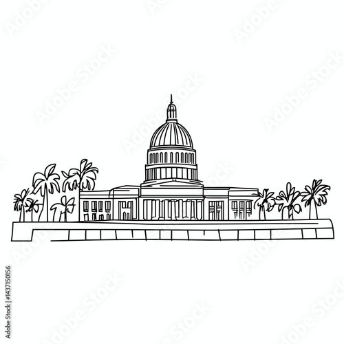 Line Drawing of Havana's Capitol Building with Palms  