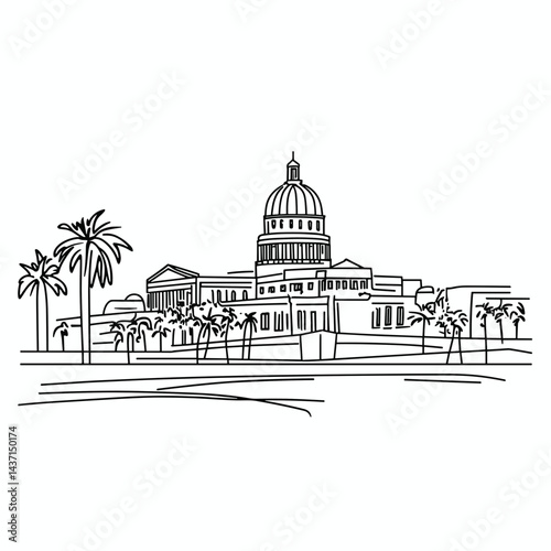Havana's El Capitolio Building in Minimalist Line Drawing Style  