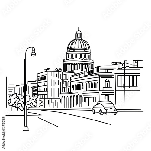 Line Drawing of Havana's El Capitolio Against Urban Landscape  