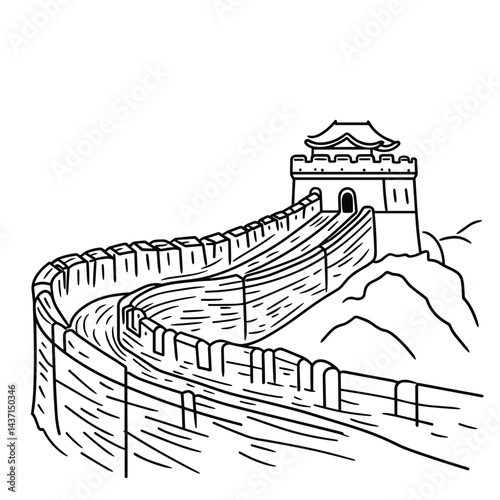 Great Wall of China sketched illustration in black and white  