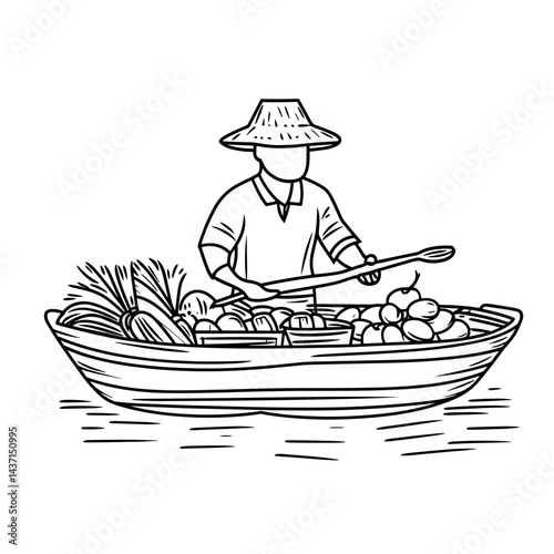 Farmer paddling a boat filled with fruits on a river  