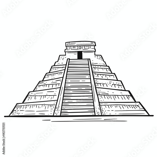 Chichen Itza pyramid drawing in black and white style  