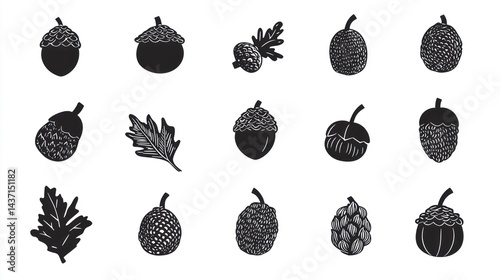 Collection of acorns and oak leaves; autumn nature; design elements; white background; for seasonal projects