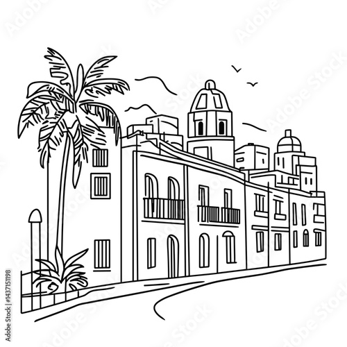 Old Town Cartagena Line Drawing with Palm Trees and Buildings  