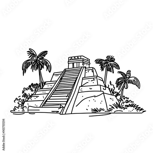 Ancient Mayan Temple Surrounded by Palm Trees in a Minimalist Style  