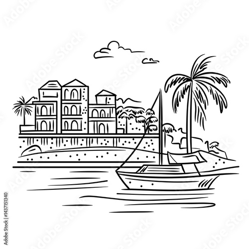 Sailing boat near beachfront houses in Riviera Maya  