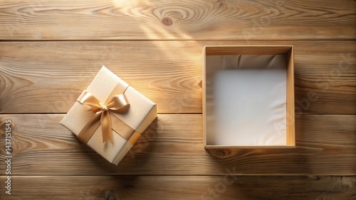 A golden ribbon adorns a beige gift box nestled beside its empty wooden counterpart on a rustic wooden surface, bathed in warm sunlight.