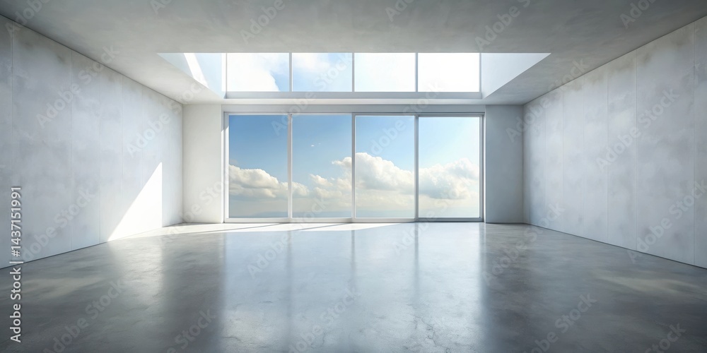 Obraz premium Spacious empty room with large windows and sky view