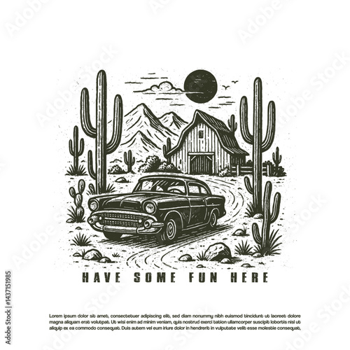 Vintage retro hand drawn old muscle car vector in the middle of the desert farm vector