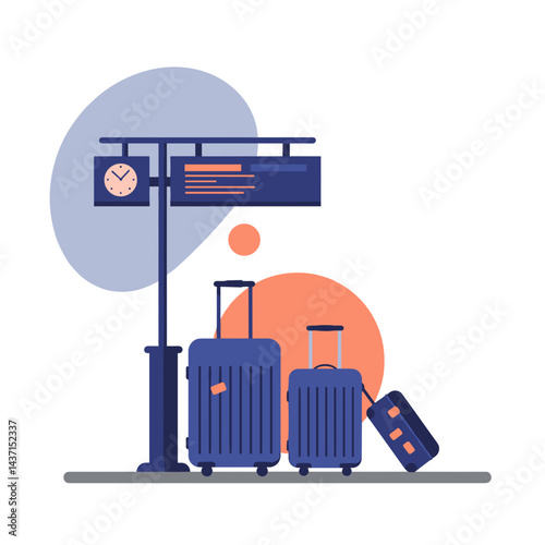 Train station with luggage and clock in modern flat style  