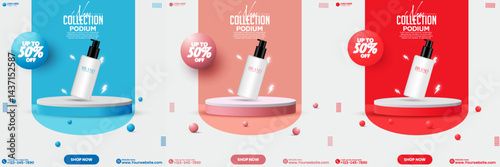 Multicolored empty podium background design. Set of promotional product sale empty abstract podium background. Pink, red, and blue color social media product sale podium collection design template. 