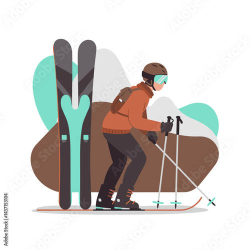 Skiing person preparing with equipment against abstract background  