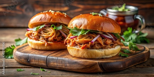 Fototapeta Naklejka Na Ścianę i Meble -  Two Delicious Pulled Pork Sliders on a Wooden Board with Fresh Herbs and Red Onions