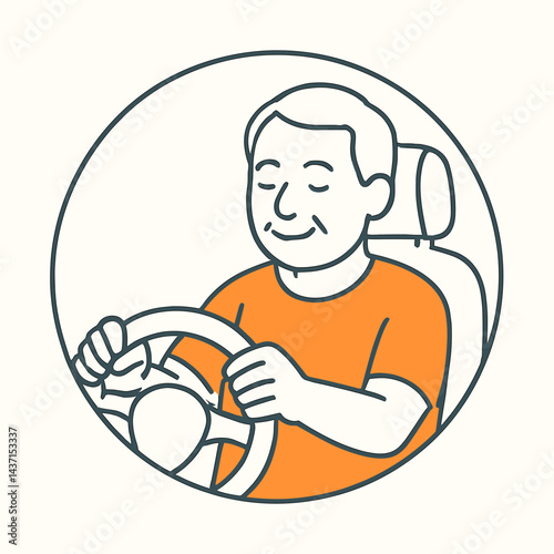 Senior man happily driving a car in a circular background  