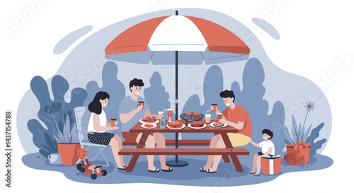 Family Enjoying a Picnic Outdoors with Food and Drinks  