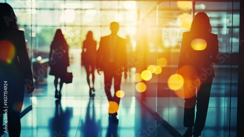 Corporate people walking in modern office building hallway, Business and technology concept
