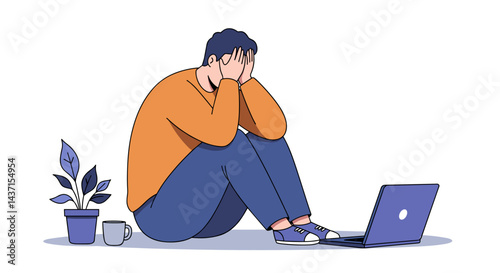 Man feeling overwhelmed while working on laptop with plants  