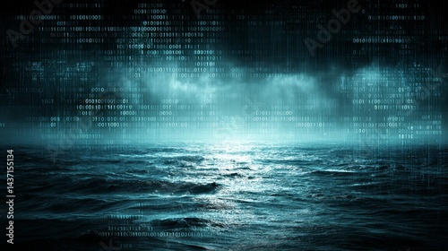 Cascading binary code streams in the dark ocean depths, a digital data voyage