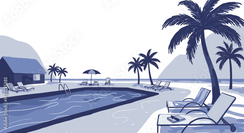 Tropical Vacation Poolside with Palm Trees and Ocean View  