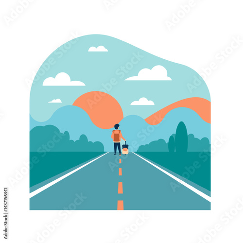 Father and child walking on an empty road against sunset background  
