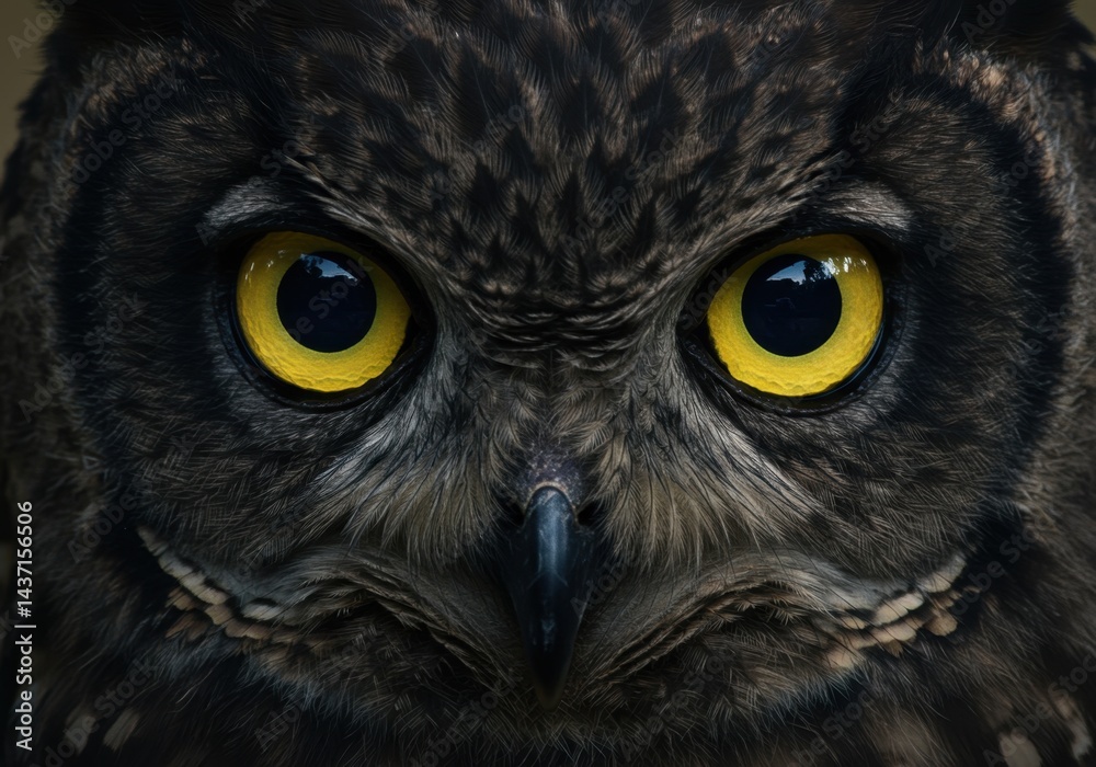 Fototapeta premium Majestic eagle owl face with intense yellow eyes, extreme close up of nocturnal bird of prey, detailed brown feathers and sharp beak