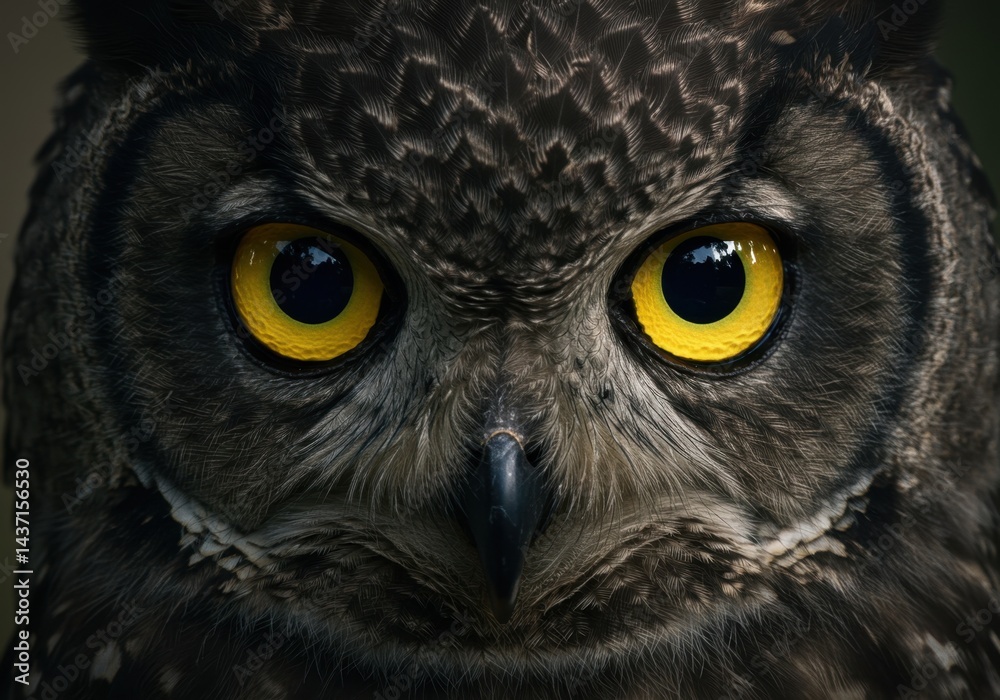 Fototapeta premium Majestic owl face with intense yellow eyes, close up portrait of a wild eagle owl, detailed bird of prey feathers and sharp gaze