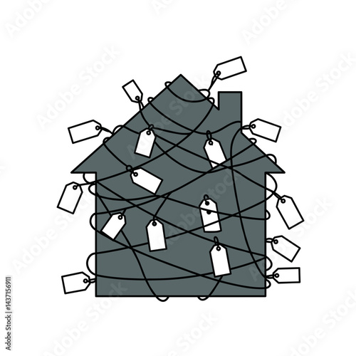 House decorated with tags and lights in a playful, graphic style  