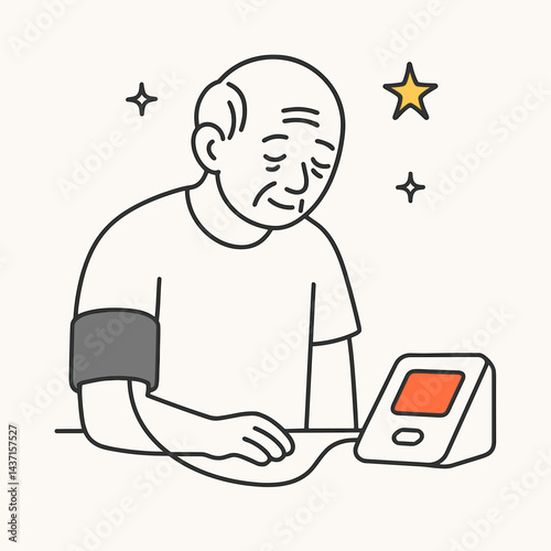 Elderly man checking blood pressure with monitor at home  