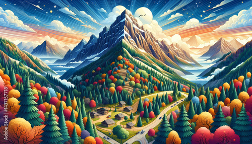 Majestic Mountain Valley with Vibrant Autumn Foliage and Starry Sky.
