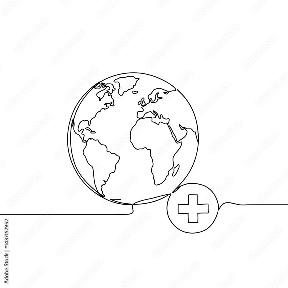 Earth with Medical Cross in Minimalist Line Art Style Earth with Medical Cross in Minimalist Line Art Style