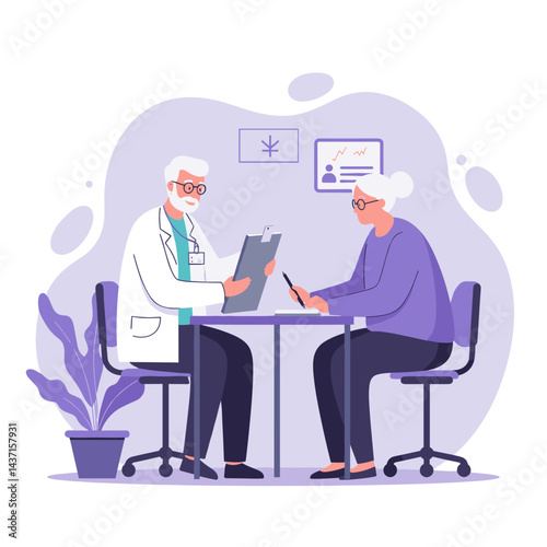 Elderly woman discussing health with doctor in clinic setting  