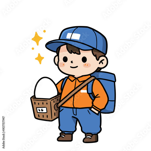 Cheerful boy delivering eggs with a basket against a white background  