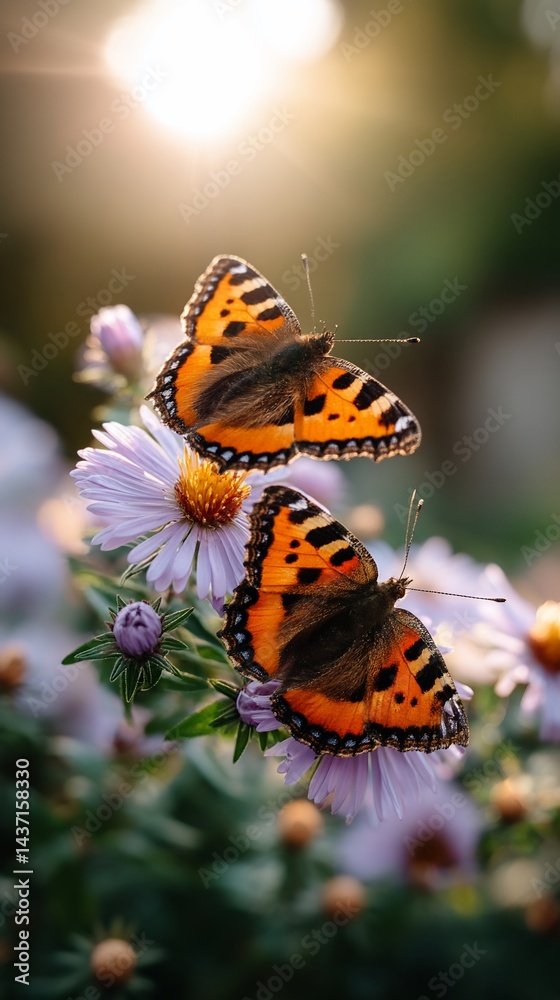 Obraz premium Two orange and black butterflies resting on a cluster of purple flowers, bathed in warm sunlight. Possible use for a nature or wildlife print