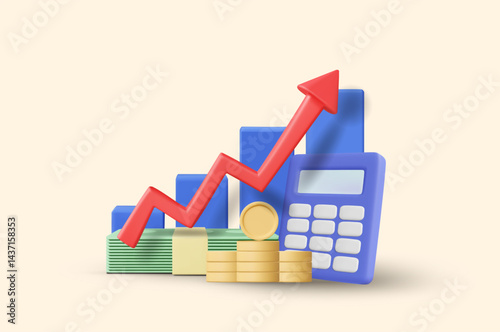 3D illustration vector render of bar graph icon with up arrow, banknotes, coins, calculator isolated on light color. Concept of financial growth, profit analysis, investment planning, business report 