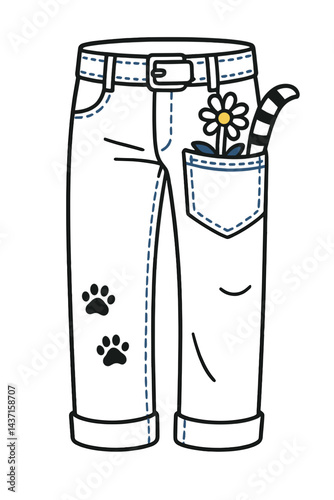 Stylish jeans with flower and cat tail design  