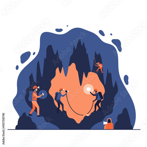 Caving adventurers exploring a cave with equipment in a vibrant setting  