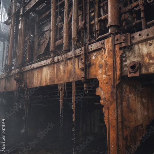 Water drips onto corroded machinery in a derelict plant  ,  texture,  vintage