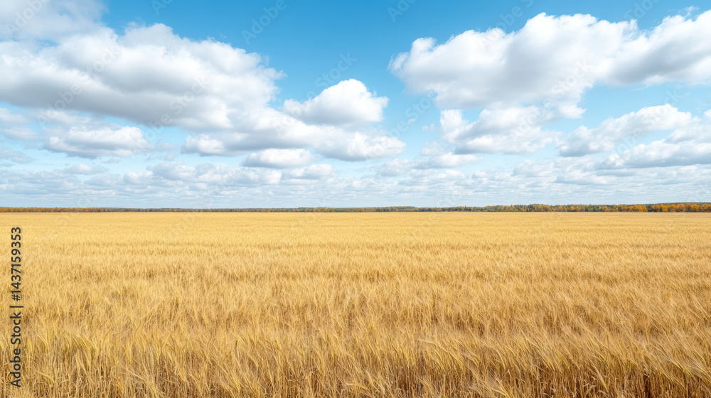 Golden field under bright blue sky with fluffy clouds creates serene landscape Golden field under bright blue sky with fluffy clouds creates serene landscape