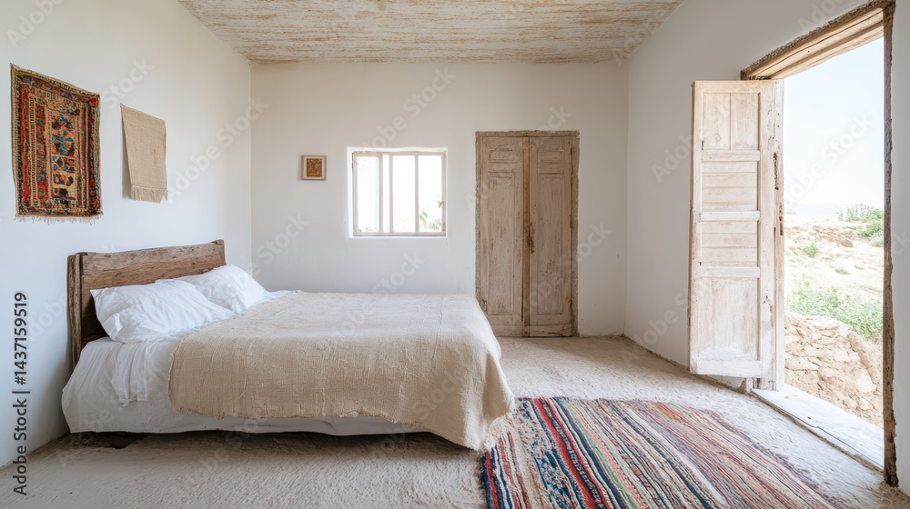 Fototapeta premium Cozy guest room featuring wooden bed, local textiles, and natural light. serene escape