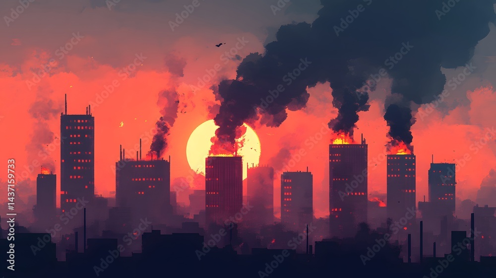 Fiery sunset over a burning metropolis. Fiery sunset over a burning metropolis.