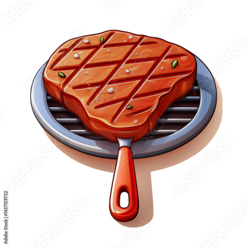Grilled Meat Steak with Seasoning on a Round Grill Plate, isolated on transparent background