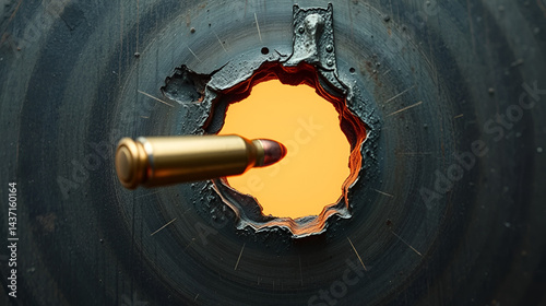 Bullet hole in metal left by the bullet that flew at the camera is isolated.