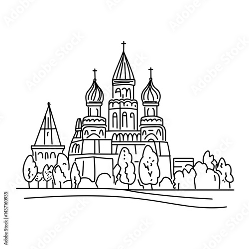 Elegant line drawing of a cathedral surrounded by trees  