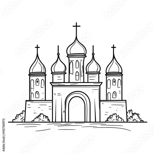 Outline of a Russian Orthodox Church with Domes and Crosses  
