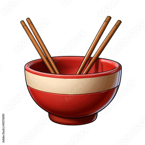 Vibrant Red Bowl with Wooden Chopsticks Ideal for Asian Cuisine, Isolated on transparent background