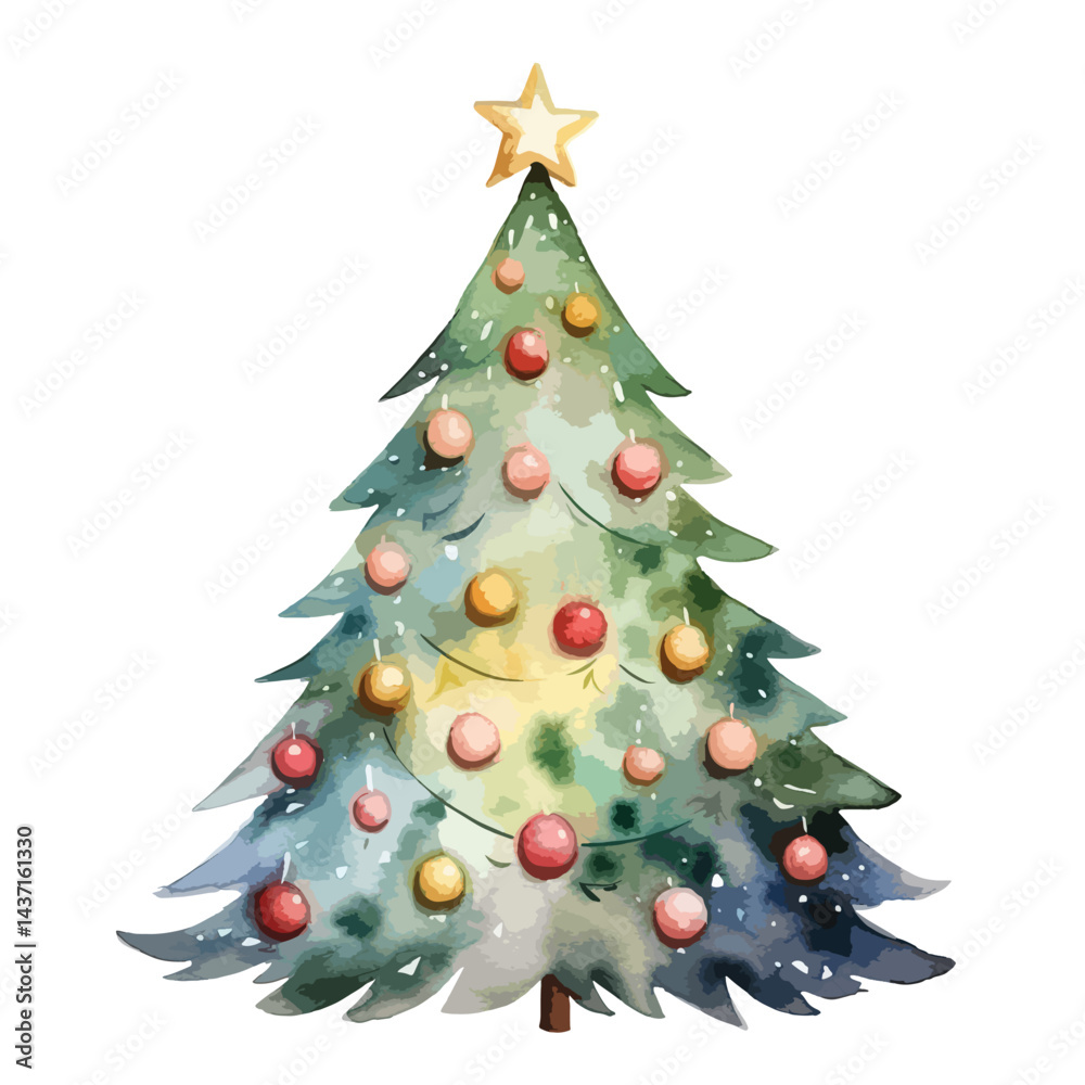 Fototapeta premium decorated Christmas tree with lights cute watercolors illustration on white background