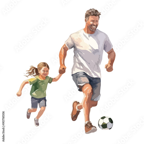 dad playing soccer cute watercolors illustration on white background