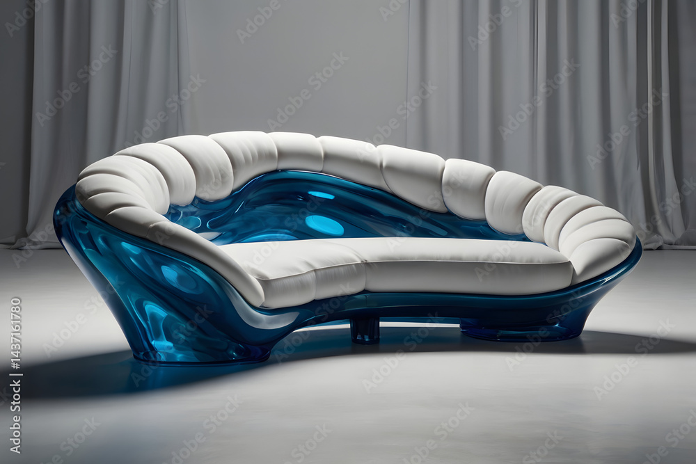 An artistic organic-shaped sofa resembling the smooth curves of a flowing river, upholstered in cool gradient shades of blue and white An artistic organic-shaped sofa resembling the smooth curves of a flowing river, upholstered in cool gradient shades of blue and white