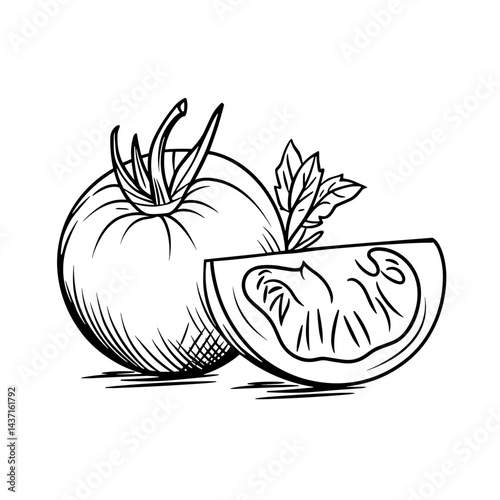 Hand-drawn tomato halves with leaves  