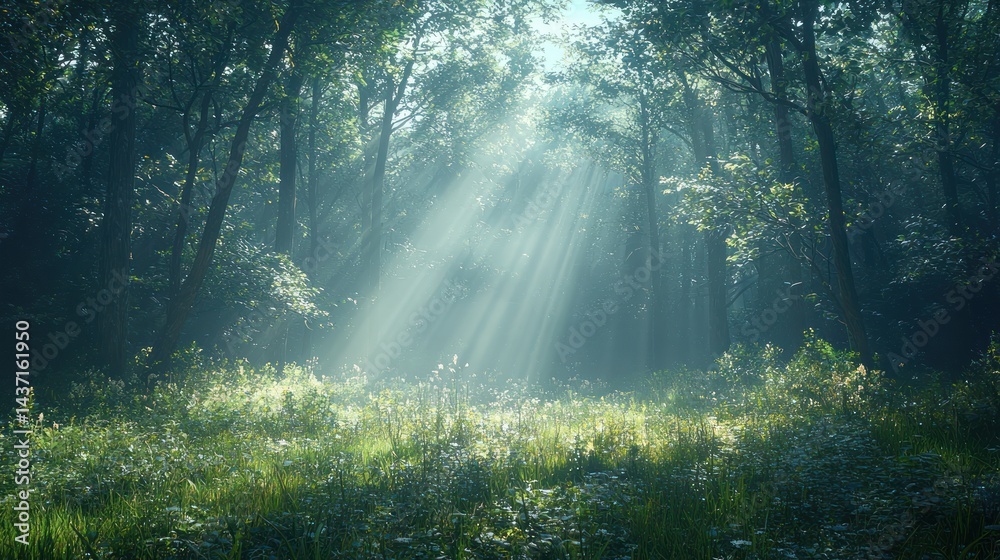 Sunlight streams through misty forest Sunlight streams through misty forest